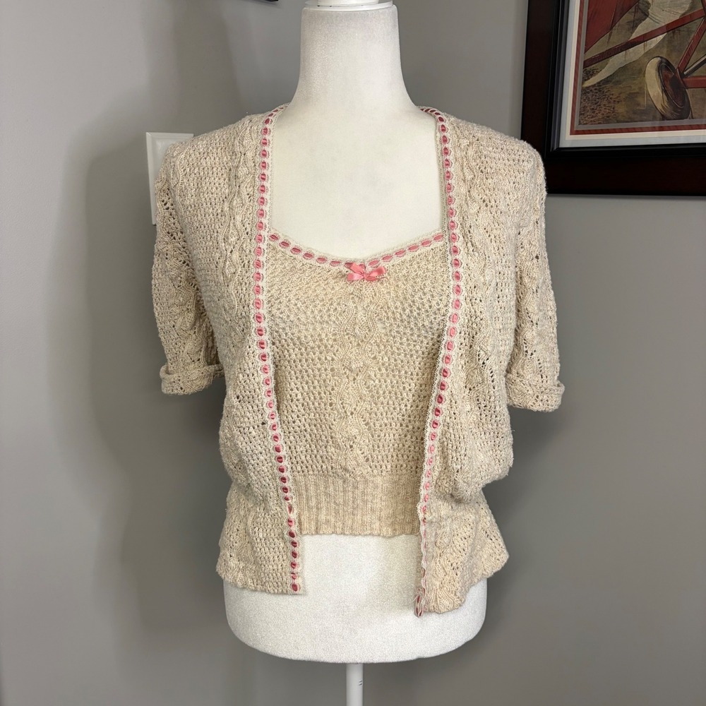 Vintage Style Crochet Knit Cardigan and Camisole Set Beige Pink Ribbon Trim